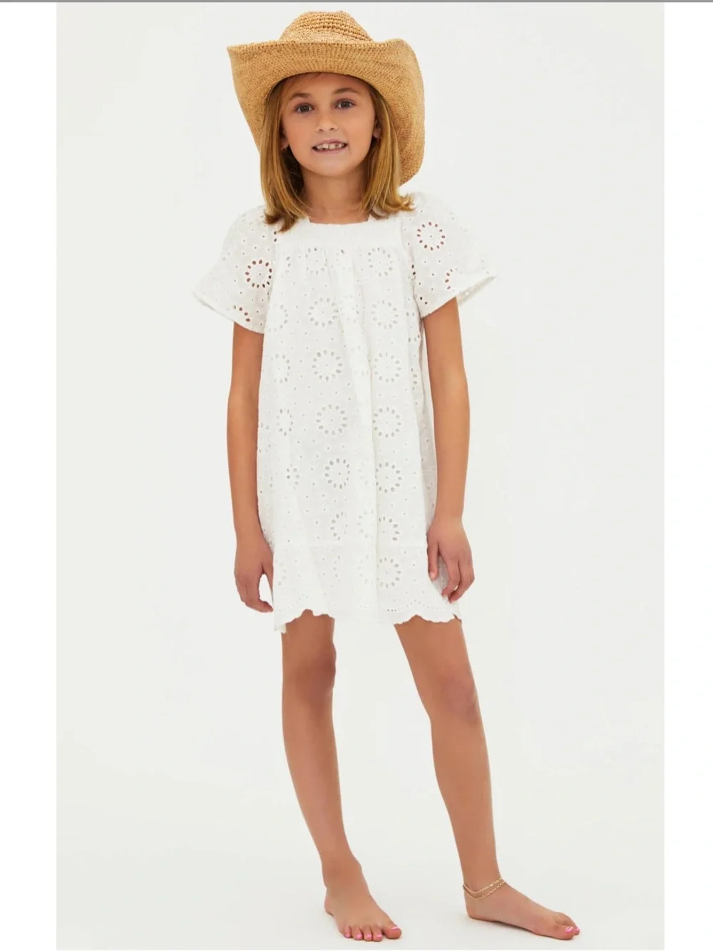 Beach Riot Girls Little Ollie Dress White Magnolia Eyelet Puff-Sleeve Size 7/8